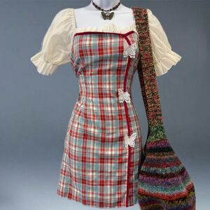 Y2K Plaid Babydoll Mini Dress Puff Sleeve Cottagecore Butterfly Applique Fairy